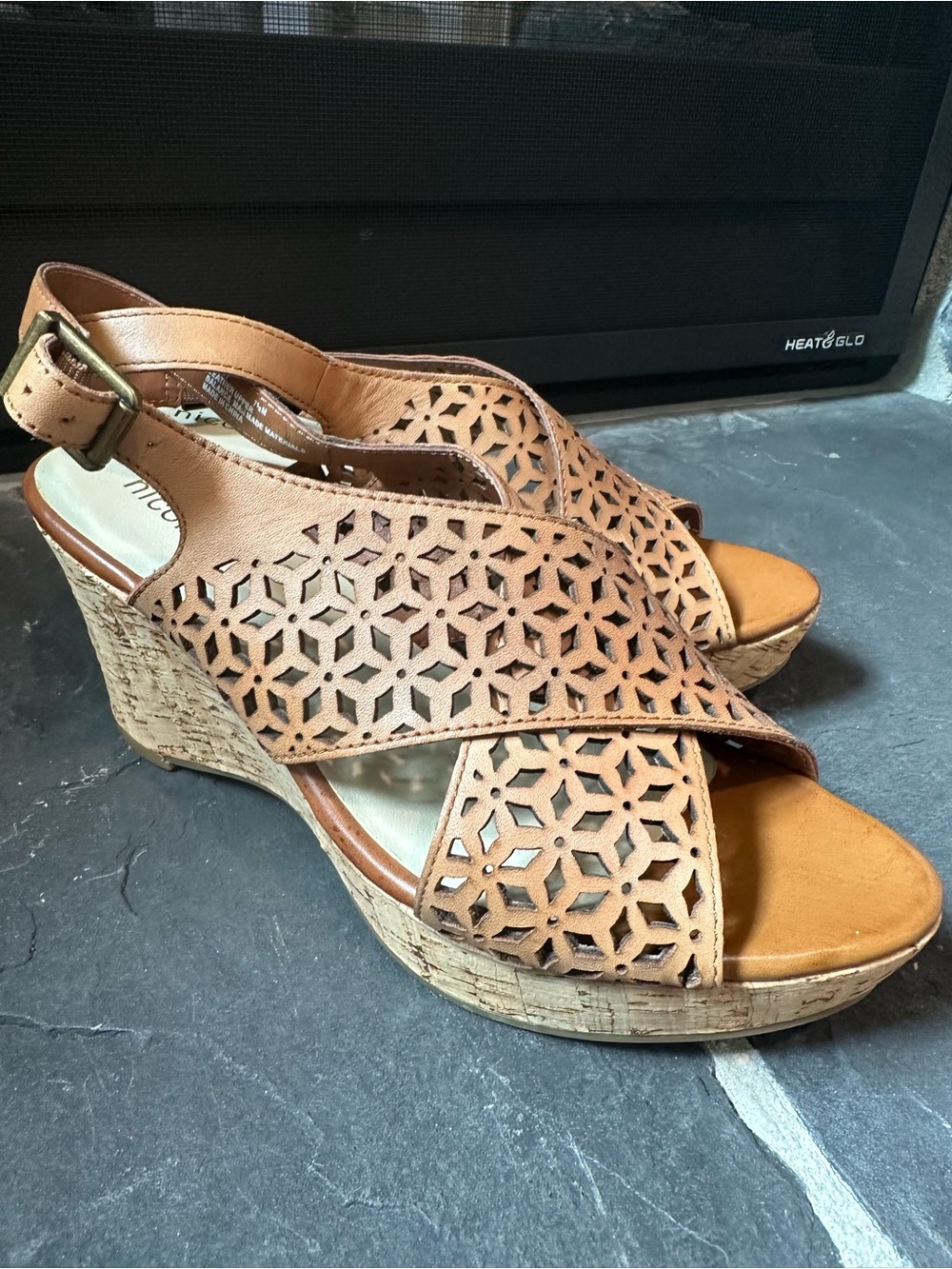 Nicole Party Laser Cut Cork Wedge Sandals Tan Leather Boho Size 7.5 - Picture 3 of 7